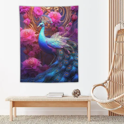 Vista 5 de JHION Tapiz de pavo real, hermoso tapiz de pájaro para colgar en la pared, tapices estéticos psicodélicos, arte de pared, decoración del hogar