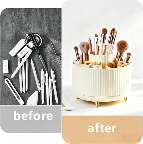 Vista 2 de Organizador de brochas de maquillaje giratorio de 360 grados, diseño desmontable, 5 ranuras, para cosméticos y lápices, organizador para escritorio