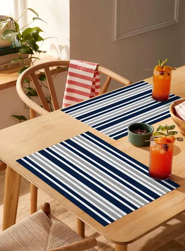 Vista 4 de Juego de 6 manteles individuales lavables de lino y algodón para cocina, mesa de comedor, color azul marino, gris y blanco, a rayas