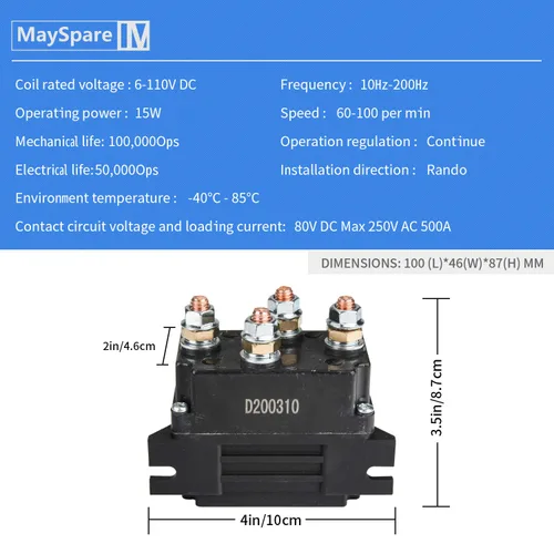 Vista 2 de MaySpare Relé solenoide de cabrestante de 500 A de 12 V para control de cabrestante ATV UTV de 8000 a 15000 libras, protección resistente e