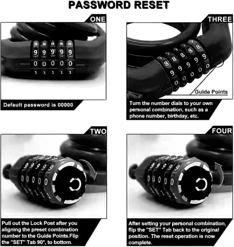Vista 4 de Cable de bloqueo de bicicleta, bloqueo de cable reiniciable de 4 pies, bloqueo de bicicleta con combinación de 5 dígitos autoenrollable, perfecto