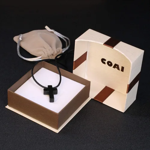 Vista 6 de COAI Collar con colgante de cruz de piedra de obsidiana de joyería religiosa