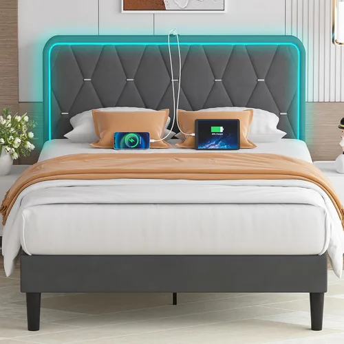 Vista 8 de VECELO Base de cama individual tapizada con cabecera ajustable, plataforma de terciopelo con luces LED, estación de carga, base de colchón