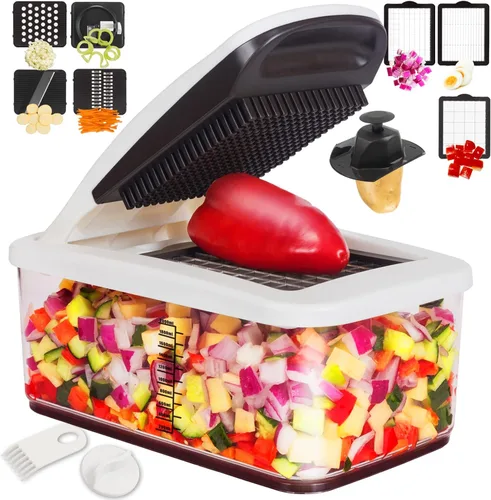 Vista 2 de RüK Picador de verduras, picador cortador de verduras extra grande, picador de alimentos profesional multifuncional 10 en 1, 6 cuchillas, 4