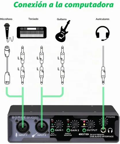 Vista 8 de BOMGE Interfaz de audio USB (32 bits/192 kHz) con XLR, alimentación fantasma, monitoreo directo, Loopback para grabación de PC, transmisión