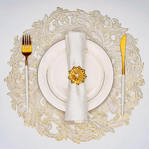 Vista 9 de Juego de 6 manteles individuales dorados con flores para mesa de comedor, manteles individuales redondos de vinilo prensado metálico de 15 pulgadas