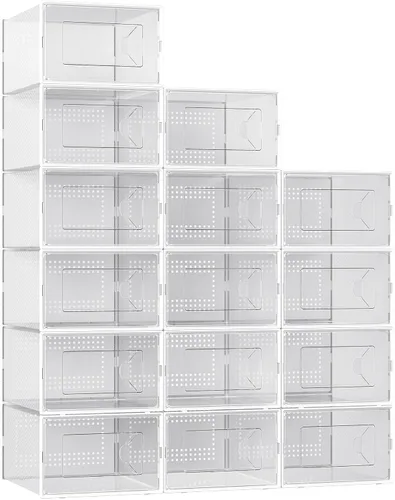 Vista 9 de Foluck Caja de almacenamiento para zapatos extra grande, paquete de 15 cajas de plástico transparente apilables, organizador de zapatos