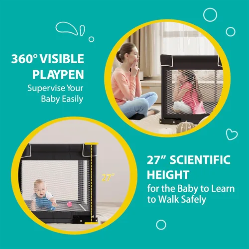 Vista 6 de ICAREWAY Corralito plegable para bebés y niños pequeños, corralito portátil de 50 x 50 pulgadas, corralito de juego plegable para niños con 2 asas
