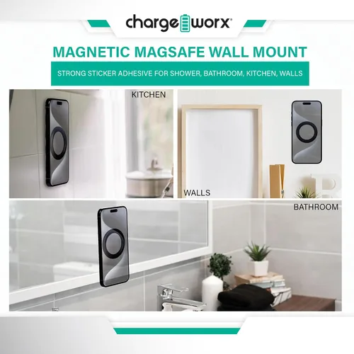 Vista 2 de CHARGEWORX Paquete de 3 soportes magnéticos para pared, compatibles con MagSafe, soportes adhesivos para teléfono, para ducha, baño, cocina, espejo
