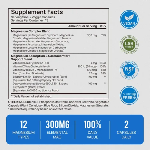 Vista 6 de Complejo de magnesio 18 en 1 para mujeres y hombres Suplemento de magnesio liposomal con glicinato, citrato, malato, taurato, D3 y K2 Alta
