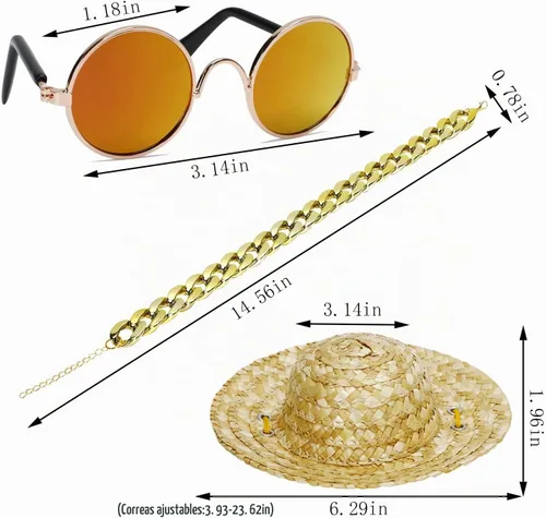 Vista 2 de 6 piezas de disfraz de perro y gato, lentes de sol retro para mascotas, collar de cadena dorada ajustable y sombrero de paja, accesorios divertidos