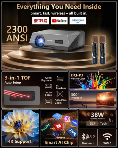 Vista 5 de Proyector inteligente 4K True 2300ANSI Proyector diurno con WiFi, Bluetooth, NFC, aplicaciones, enfoque automático/Keystone, proyector Ultra HD