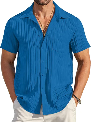 Vista 33 de COOFANDY - Camisas de botones casuales para hombre, de manga corta, con textura, camisa de playa de verano con bolsillo