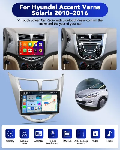 Vista 5 de 8 Core 6+128G para Hyundai Accent Verna Solaris 2010-2016 Android Car Stereo, 9" IPS Car Radio Wireless Carplay Android