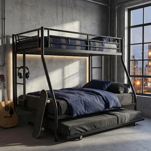 Vista 8 de SUNLEI Cama alta de metal con 2 escaleras seguras, litera individual sobre matrimonial con nido, camas nido con protección de seguridad individual