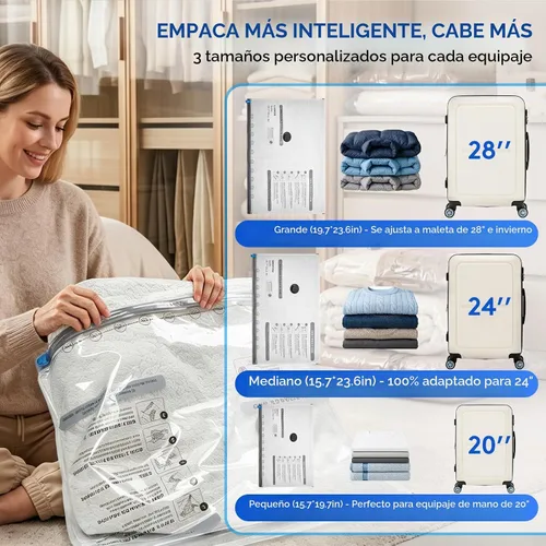Vista 6 de Bolsas de vacío para viajes con bomba recargable, 3 tamaños de bolsas de sellado al vacío para ropa, bolsas de viaje de compresión al vacío