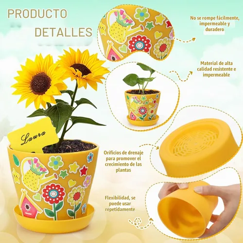 Vista 2 de Capoda Juego de 24 macetas de jardín, kit de manualidades, macetas de plástico de primavera para vivero con calcomanías, tablas de crecimiento