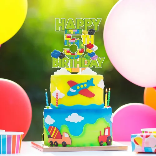 Vista 6 de Decoración de pastel de bloque de construcción de feliz 5º cumpleaños – Juegos de rompecabezas para fiesta de 5 cumpleaños de niño, suministros