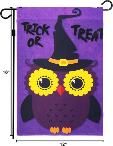 Vista 7 de G128 - Bandera de jardín de Halloween, cita de truco o trato con bonito búho, decoraciones de jardín y patio, bandera rústica de temporada para 12 x