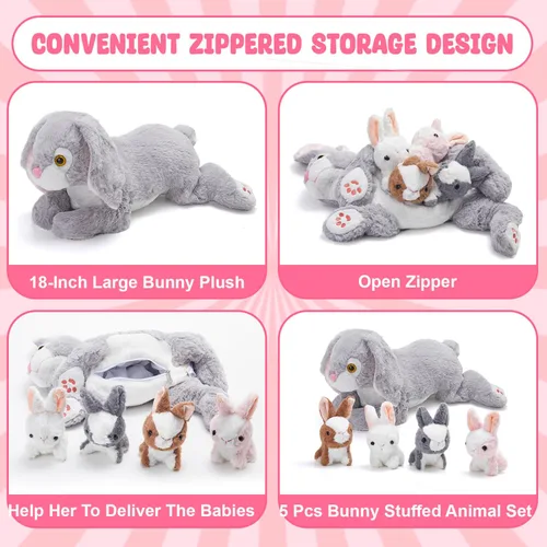 Vista 3 de WEWILL Conejito de peluche de 18 pulgadas, 5 piezas, juguete de peluche con 4 conejos bebés, regalos para cumpleaños y Pascua, color gris