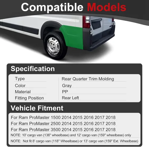 Vista 6 de Cubierta de moldura de panel lateral compatible con Ram ProMaster 1500 2500 3500 Cargo Van estándar (para cuerpo corto no modelo extendido) 2014