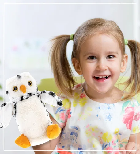 Vista 5 de DolliBu Marioneta de mano de peluche de búho blanco para niños, juguete de marioneta de peluche suave, juegos de espectáculos de marionetas