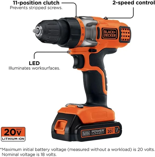 Vista 2 de BLACK+DECKER 20V MAX Taladro/desarmador inalámbrico con batería y cargador, luz de trabajo LED (LDX220C)