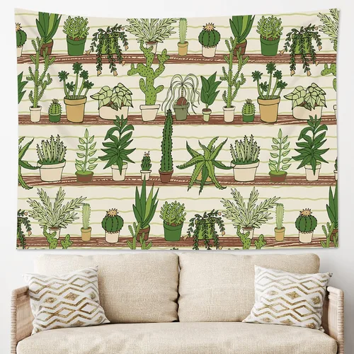 Vista 2 de HVEST Tapiz de cactus con diseño de plantas suculentas del desierto tropical en estante de madera, tapiz para colgar en la pared, acuarela botánica