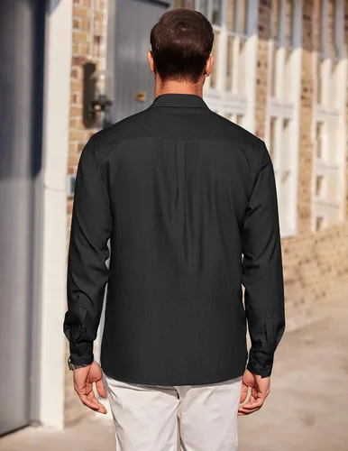 Vista 3 de COOFANDY Camisas casuales con botones para hombre, camisas de cambray de manga larga sin arrugas