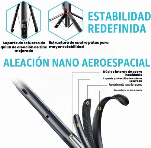 Vista 4 de Soporte extensible de 86 pulgadas con rotación de 360° para selfie y trípode con control remoto inalámbrico Bluetooth dual y 2 luces LED de relleno
