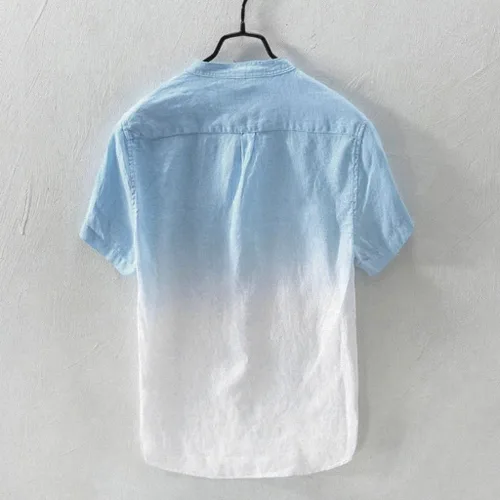 Vista 3 de Jiabing Camisetas de manga corta de algodón y lino con estampado degradado para hombre, cuello de abuelo ligero