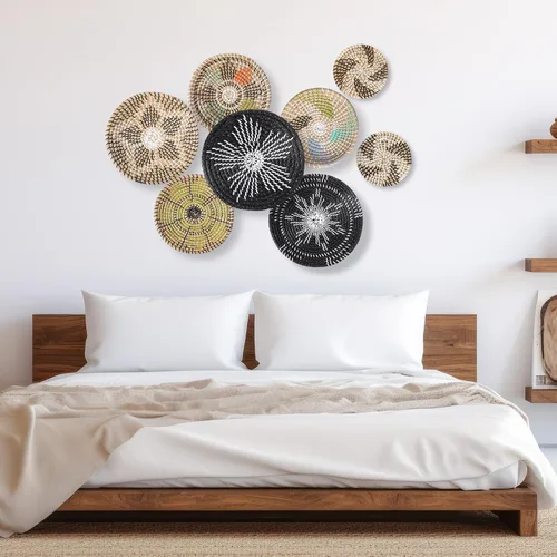 Vista 6 de Ziliny Juego de 8 canastas decorativas de pared bohemias, para colgar, redondas, estilo africano, para decoración de cocina, rústico, hogar, verano