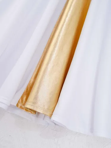 Vista 7 de CHICTRY Vestido de baile de alabanza litúrgica metálico para niños y niñas, manga larga, bloque de color, disfraz de adoración lírica, ropa de baile