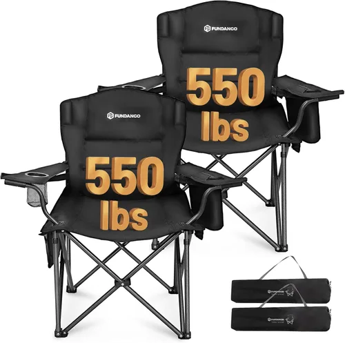 Vista 11 de FUNDANGO Silla de campamento de gran tamaño para adultos, silla de césped plegable portátil de servicio pesado con asiento y respaldo acolchados
