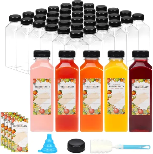 Vista 26 de TOMNK 12 botellas de plástico de 2 onzas con tapas, recipientes reutilizables transparentes a granel para bebidas de jengibre shot, jugo, leche