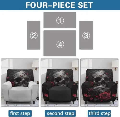 Vista 6 de FOR U DESIGNS Juego de 4 fundas de sofá elásticas de calavera gótica para reclinables, con bolsillos laterales, se adapta a sillas pequeñas