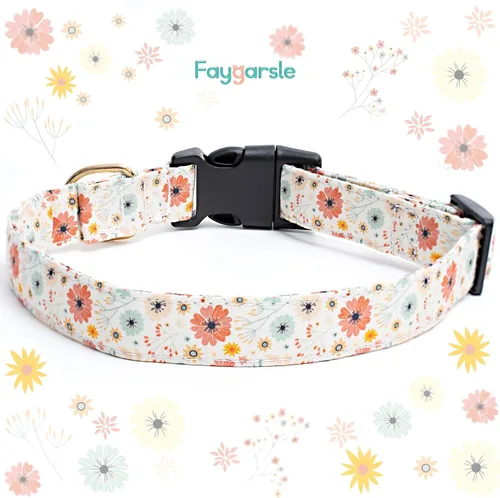 Vista 2 de Faygarsle - Collar de algodón para perros, collar de diseñador para hembras, tamaños pequeños, medianos y grande, diseño de flores con dijes de Beige