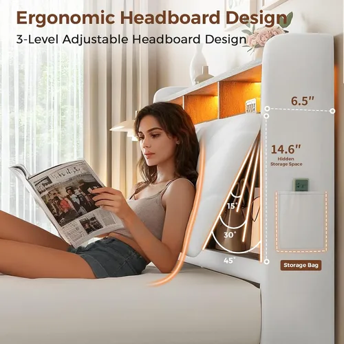 Vista 4 de Jocoevol Marco de cama de terciopelo tamaño Queen con cabecera ergonómica, cama de plataforma tapizada con luz LED y estación de carga, soporte