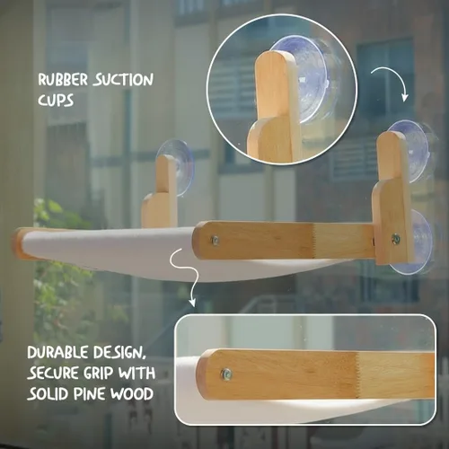 Vista 7 de Percha plegable para ventana de gato con funda peluda de felpa, hamaca para gatos con marco de madera, ventosas resistentes, no requiere