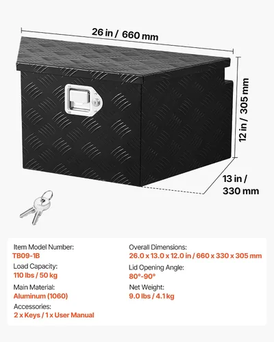 Vista 7 de VEVOR Caja de lengua para remolque, caja de herramientas de lengua de remolque resistente, organizador de almacenamiento con cerradura y llaves