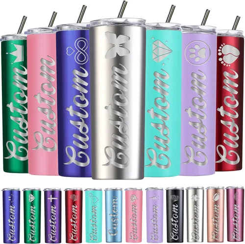 Vista 8 de Vasos delgados personalizados con tapas y pajitas, vaso delgado de acero inoxidable grabado con láser, vasos personalizados con nombre de 20 onzas
