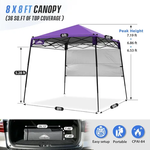 Vista 3 de EAGLE PEAK Toldo Emergente de 8x8 pies con Pared Lateral, Compacto, Portátil con Patas Inclinadas, Refugio Solar Instantáneo para Playa, Deportes