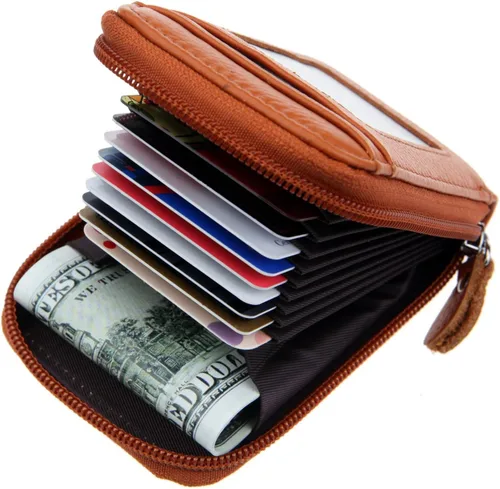 Vista 2 de RFID mini organizador de tarjetas de crédito, cuero auténtico, billetera compacta con visor de identificación, S, Marrón