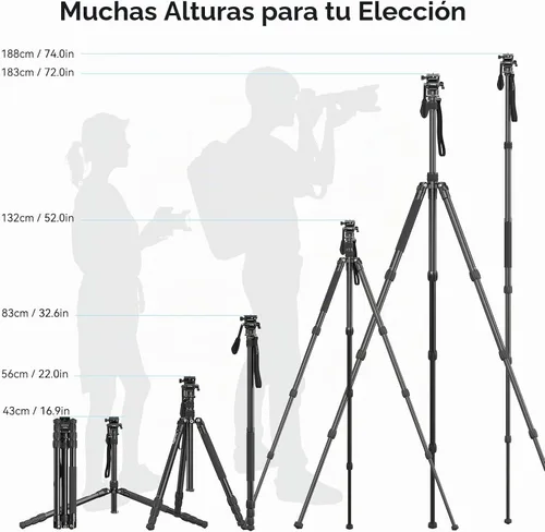 Vista 3 de SmallRig CT180 Trípode de Video, Trípode de Cámara de 72" Monopie con Cabezal Fluido, Trípode de Cámara de Aluminio, Cabezal Fluido Panorámico