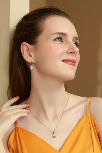 Vista 3 de Juego de aretes colgantes y collar de plata de ley auténtica, creados o simulados, con piedras preciosas ovaladas y caja de regalo para mujeres