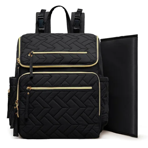 Vista 11 de Omanmoli Bolsa de pañales a cuadros, mochila grande de cuero para pañales con 17 bolsas organizadoras, cambiador, correas para cochecito, 4 Beige