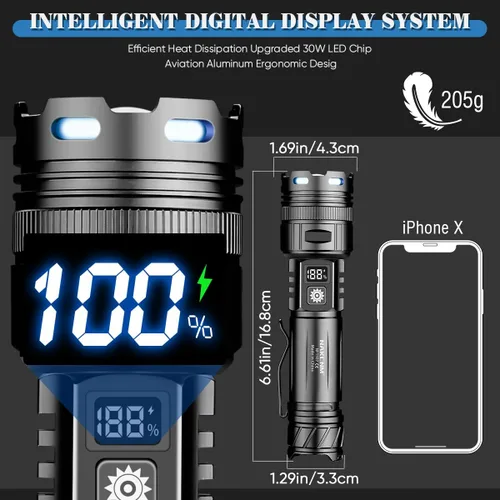 Vista 3 de Linterna recargable de 30 W de alto lúmenes, 3280 pies de largo alcance zoomable linterna táctica con pantalla digital de carga USB-C, 5 modos