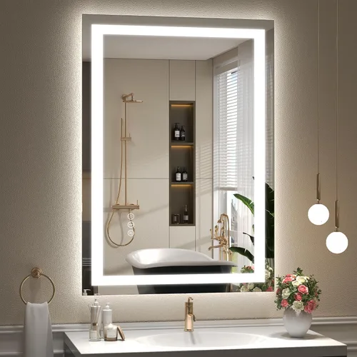 Vista 18 de Espejo de baño LED iluminado de 30 x 30 pulgadas para pared, espejo cuadrado de tocador con luces, regulable, antivaho, a prueba de roturas