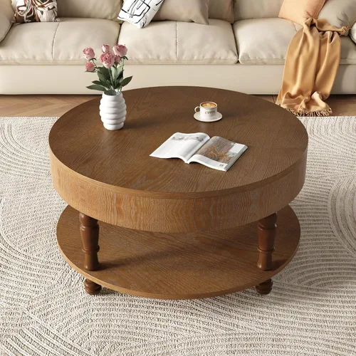 Vista 30 de WILLIAMSPACE Mesa de centro redonda de madera maciza de 31.5 pulgadas con parte superior gruesa de dos niveles, mesa central de madera moderna, mesa