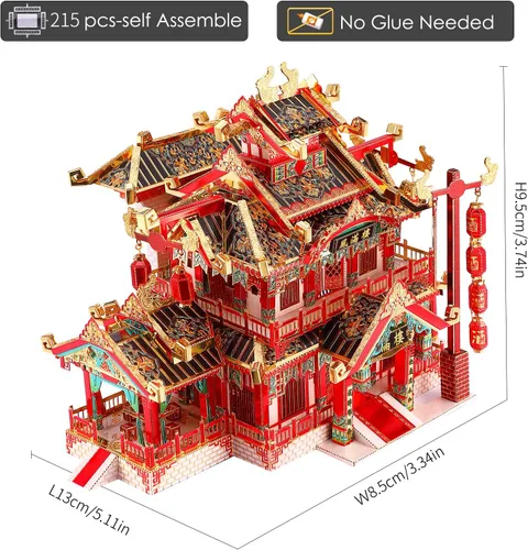 Vista 8 de Piececool Rompecabezas 3D para adultos, kits de modelos de metal, rompecabezas de metal 3D de reataurant antiguo chino, rompecabezas de construcción